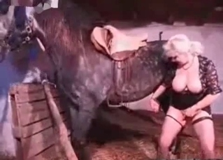 Horse cock jerked by a fishnets-clad slut